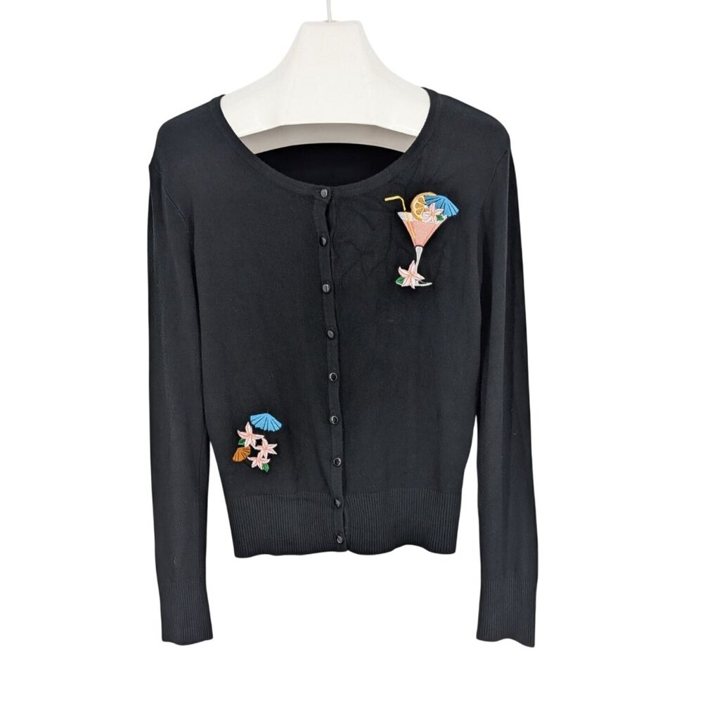 Banned Embroidered Cocktail Knit Cardigan Ribbed Rockabilly Pinup Retro Size 2XL